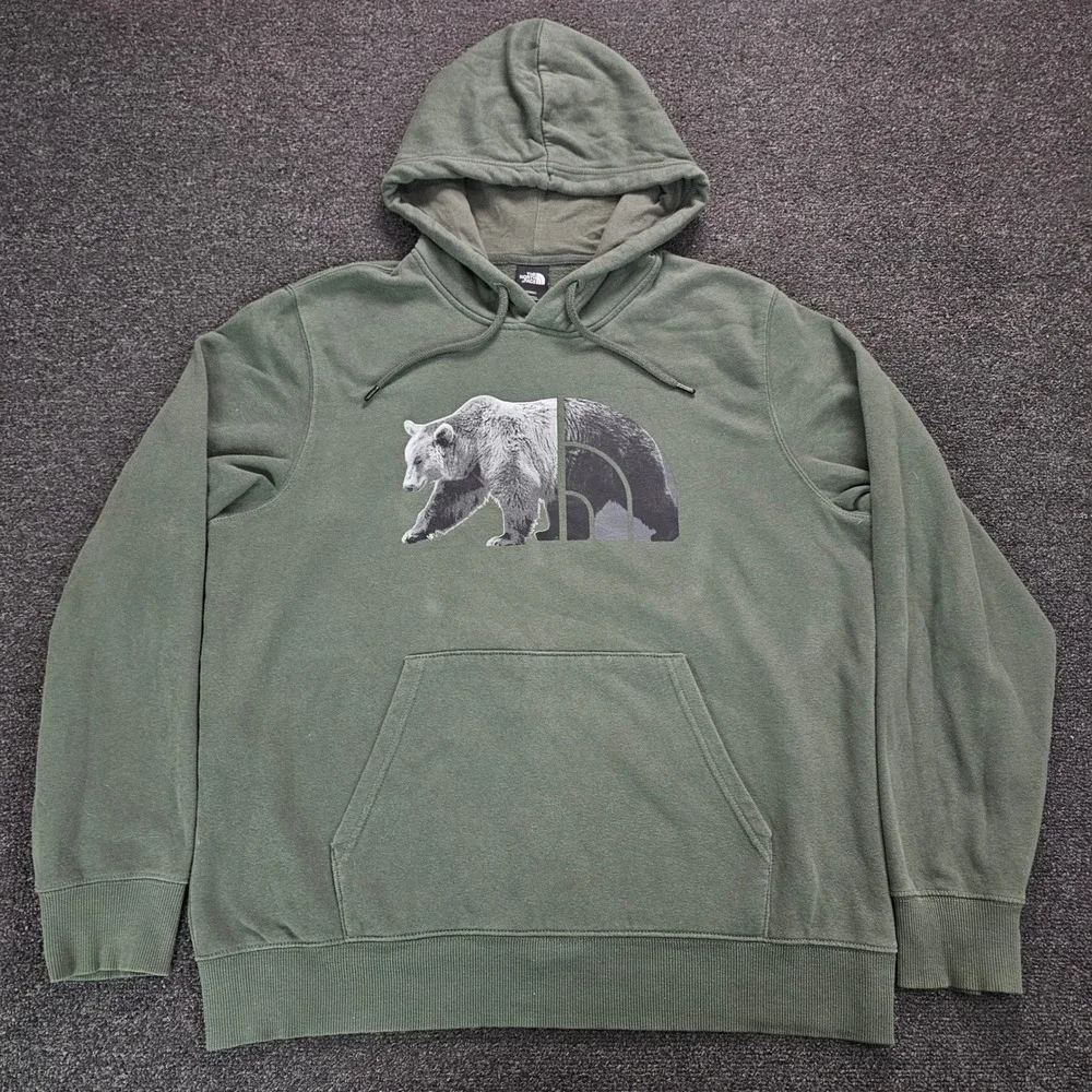 The North Face Hoodie Mens Large Grizzly Bear Logo Olive Green‎ Fleece Pullover